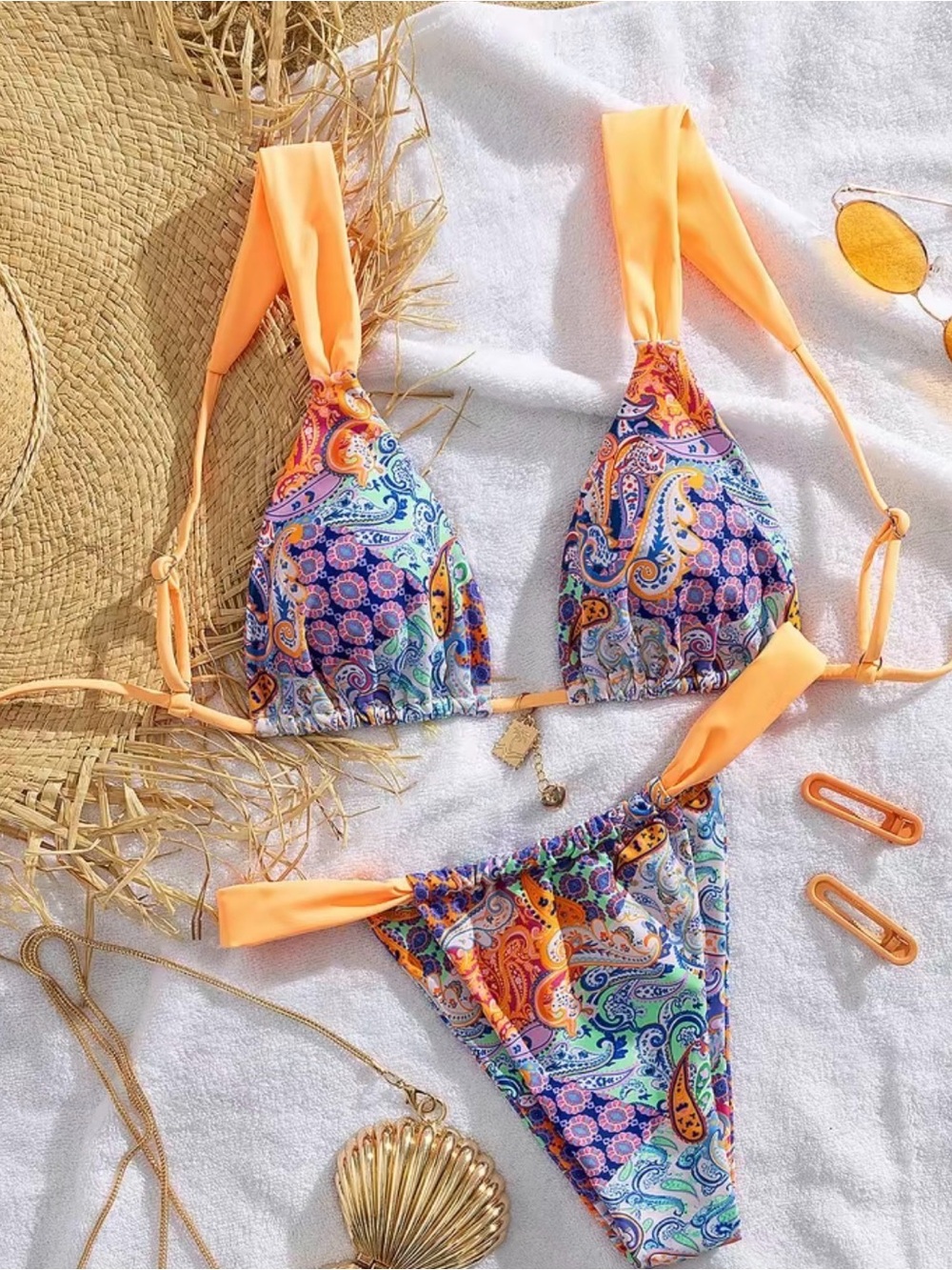 Orange Paisley Print Triangle Bikini Top and Bottom Set